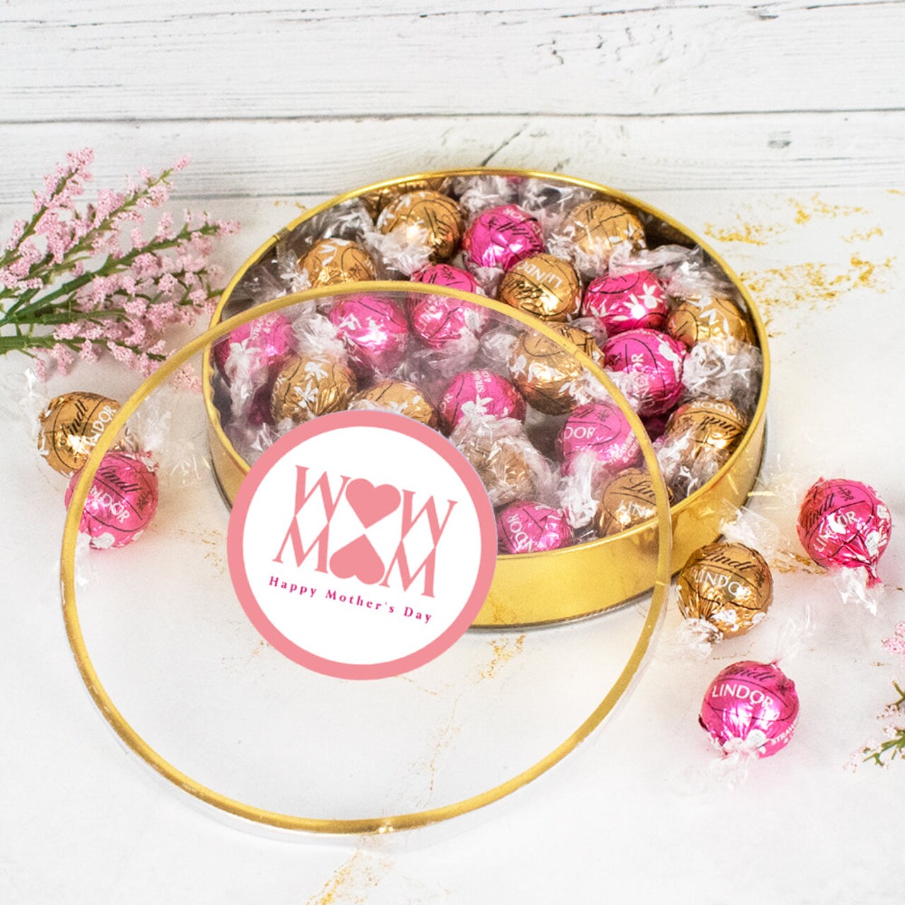 Mother's Day Candy Gift Tin with Chocolate Lindor Truffles by Lindt Large Plastic Tin with Sticker - Mom - By Just Candy